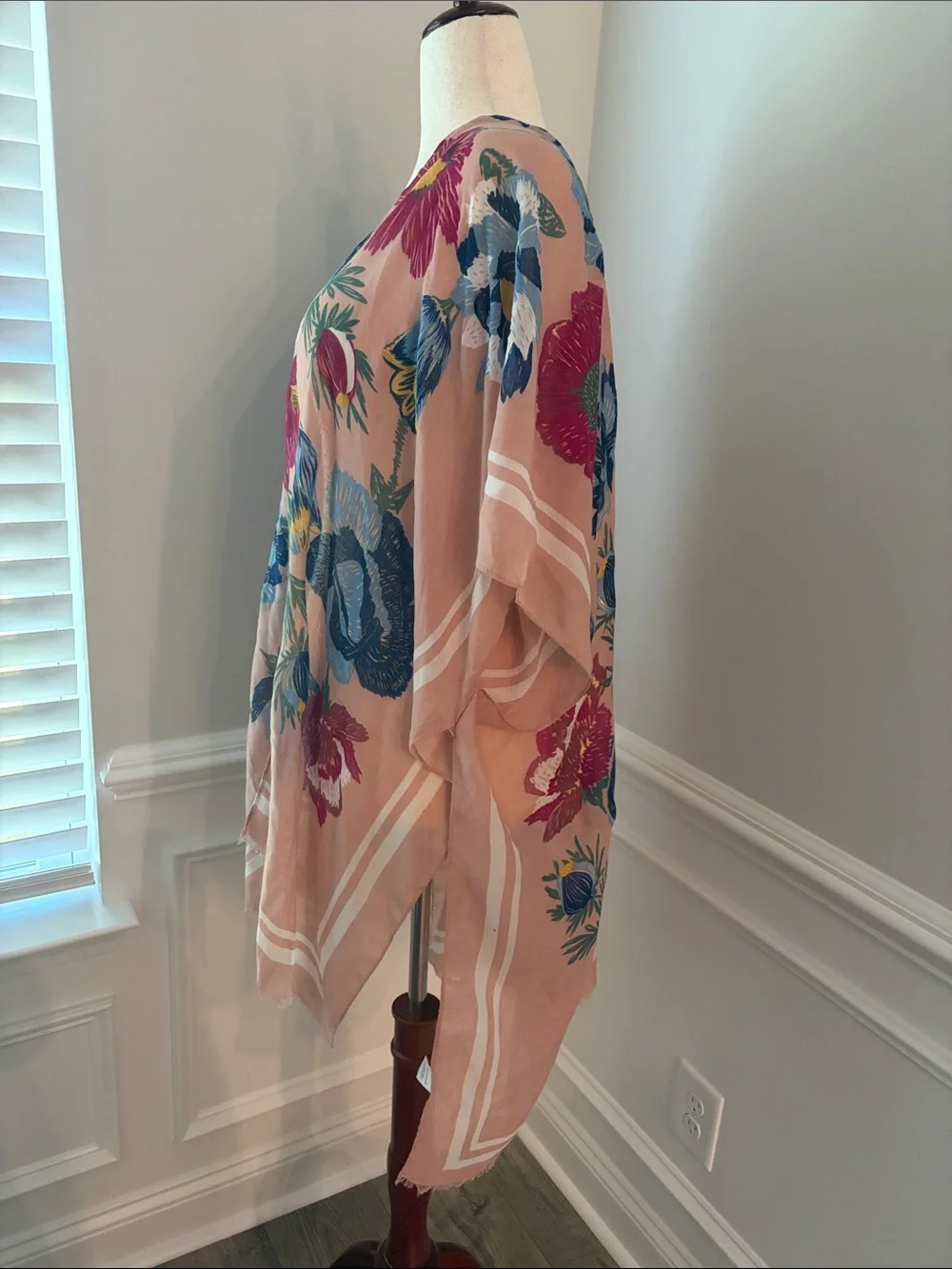 Woven Heart Blush Floral Kimono Cover-Up with Blue & Magenta Blooms | one size